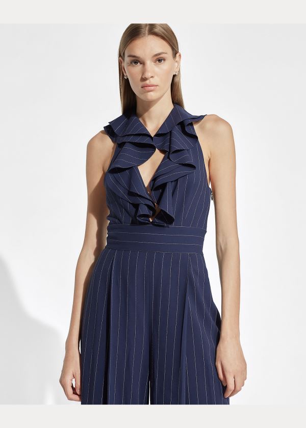 Ralph Lauren Alandra Striped Wool Jumpsuit Tmavě Blankyt Krém | JpA9mHTR