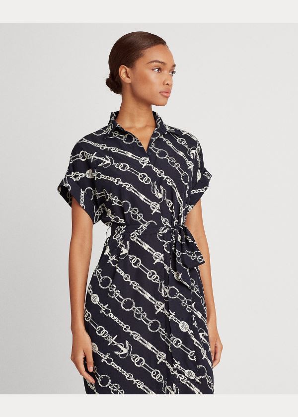 Ralph Lauren Anchor-Print Crepe Shirtdress Tmavě Blankyt Krém | dCTfk0S8