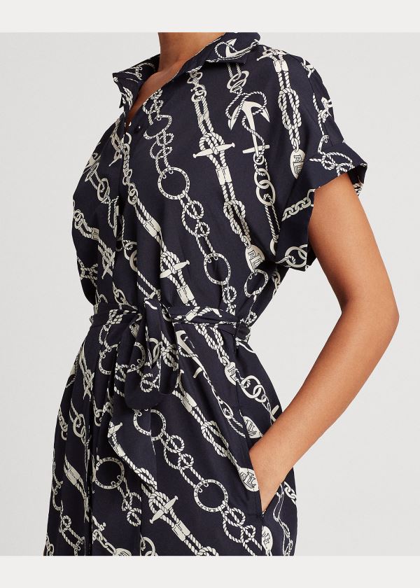 Ralph Lauren Anchor-Print Crepe Shirtdress Tmavě Blankyt Krém | dCTfk0S8