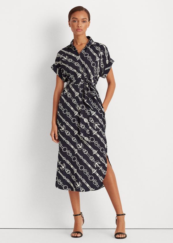 Ralph Lauren Anchor-Print Crepe Shirtdress Tmavě Blankyt Krém | dCTfk0S8