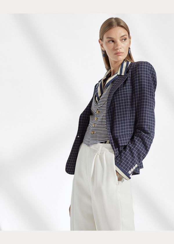 Ralph Lauren Baldwin Checked Wool Jacket Tmavě Blankyt Krém | 5qhYRHgk