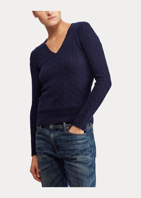 Ralph Lauren Cable Cashmere V-Neck Svetrové Tmavě Blankyt | A51dUQ1F