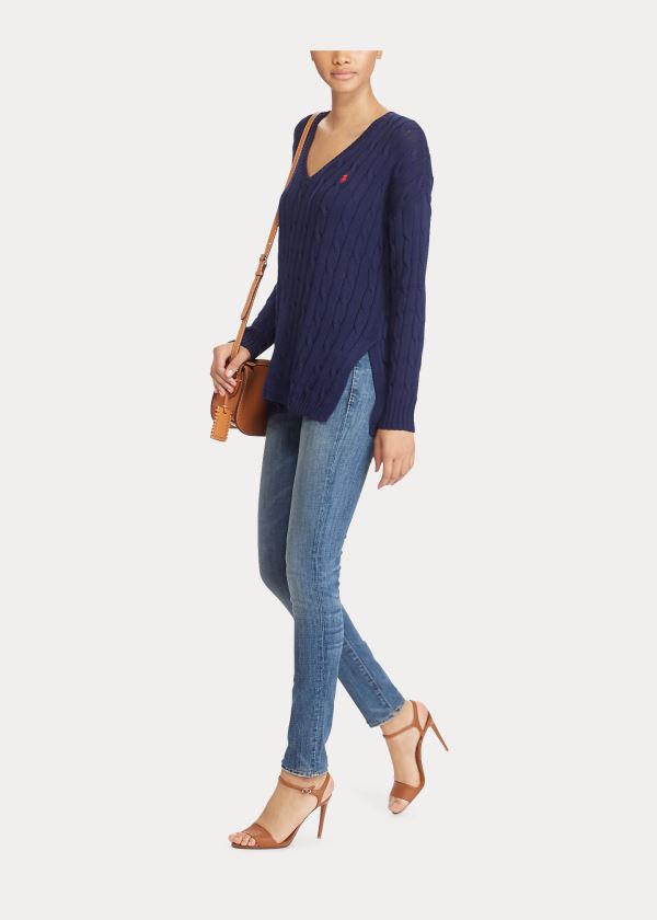 Ralph Lauren Cable-Knit Side-Slit Svetrové Světle Tmavě Blankyt | 9mqnKkv9