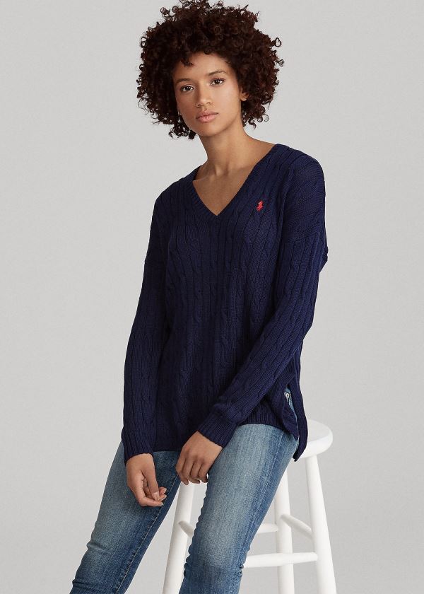 Ralph Lauren Cable-Knit Side-Slit Svetrové Světle Tmavě Blankyt | 9mqnKkv9