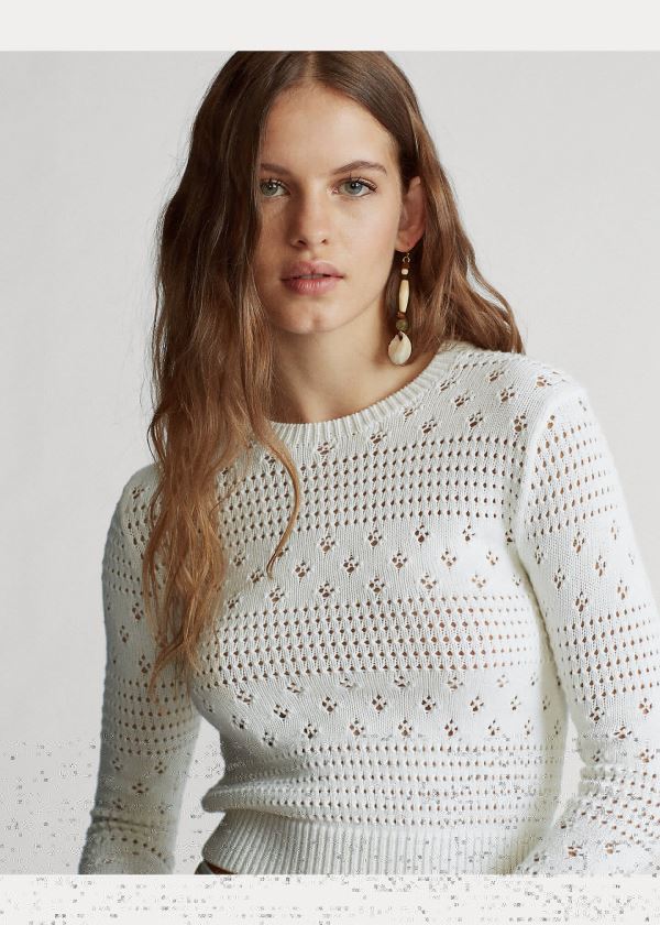 Ralph Lauren Cropped Pointelle Knit Top Bílé | JH6Wms4A