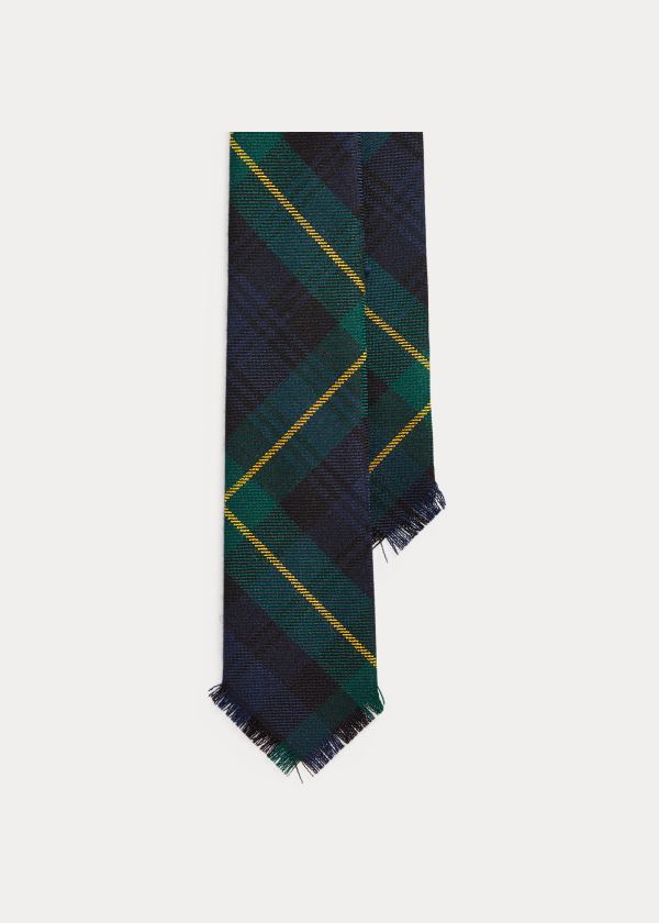 Ralph Lauren Fringed Tartan Wool Narrow Tie Tmavě Blankyt Zlaté Zelene | vE2HwdR1