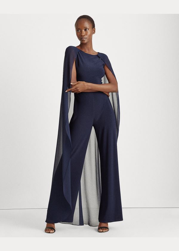 Ralph Lauren Georgette-Cape Jumpsuit Tmavě Blankyt | kHn33xLo