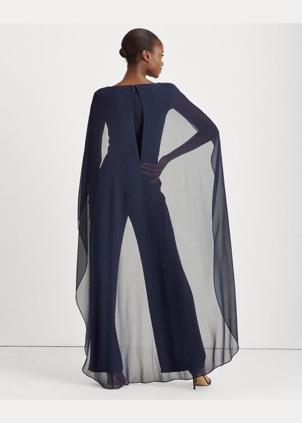 Ralph Lauren Georgette-Cape Jumpsuit Tmavě Blankyt | kHn33xLo