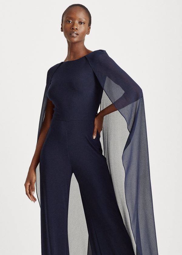 Ralph Lauren Georgette-Cape Jumpsuit Tmavě Blankyt | kHn33xLo