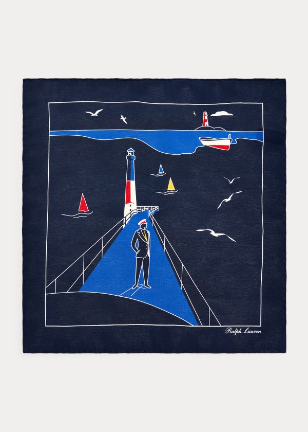 Ralph Lauren Lighthouse Silk Pocket Square Tmavě Blankyt | 3nfX4RQR