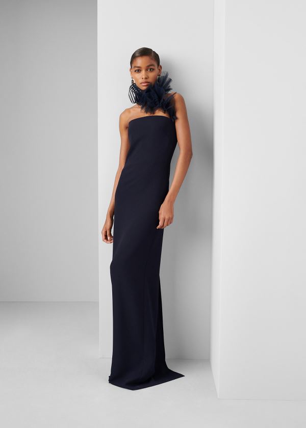 Ralph Lauren Lowell Tulle-Cady Gown Tmavě Tmavě Blankyt | HdCXEL1X