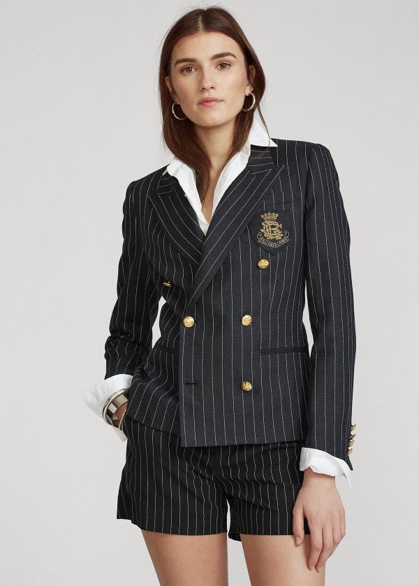 Ralph Lauren Pinstripe Linen-Blend Blazer Černé Krém | 2VDWu66t