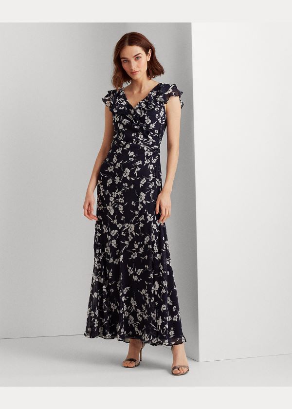 Ralph Lauren Print Georgette Flounced Gown Tmavě Blankyt Viacfarebný | 1cxWRQmu