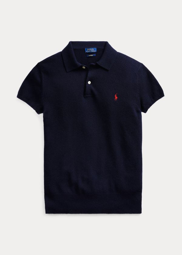 Ralph Lauren Ribbed-Hem Cashmere Polo Shirt Tmavě Blankyt | o0k2fW8B