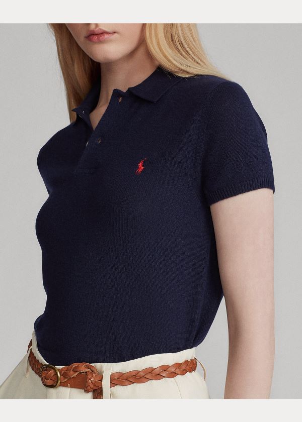 Ralph Lauren Ribbed-Hem Cashmere Polo Shirt Tmavě Blankyt | o0k2fW8B