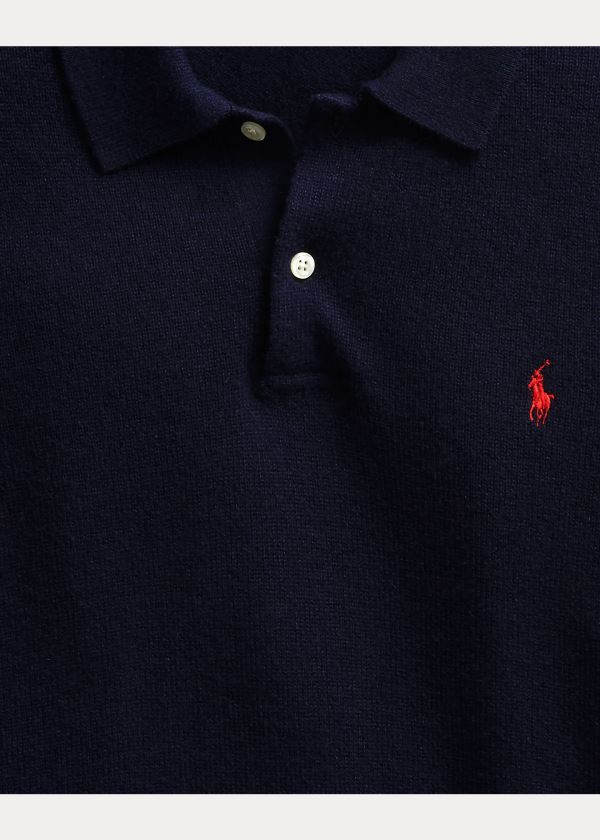 Ralph Lauren Ribbed-Hem Cashmere Polo Shirt Tmavě Blankyt | o0k2fW8B