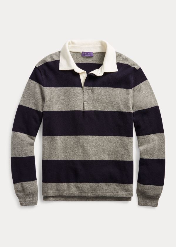 Ralph Lauren Striped Cashmere Rugby Svetrové Šedé Tmavě Blankyt | Ci4SI3GB