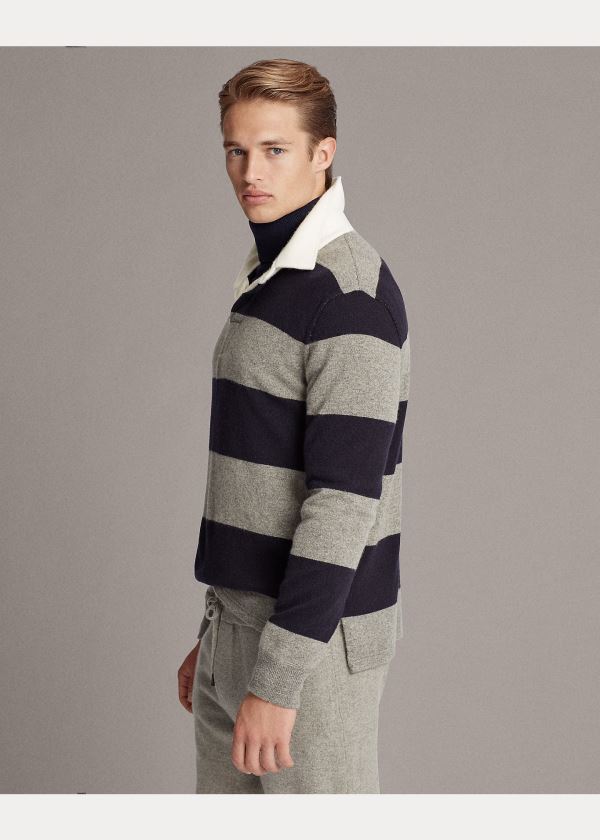 Ralph Lauren Striped Cashmere Rugby Svetrové Šedé Tmavě Blankyt | Ci4SI3GB