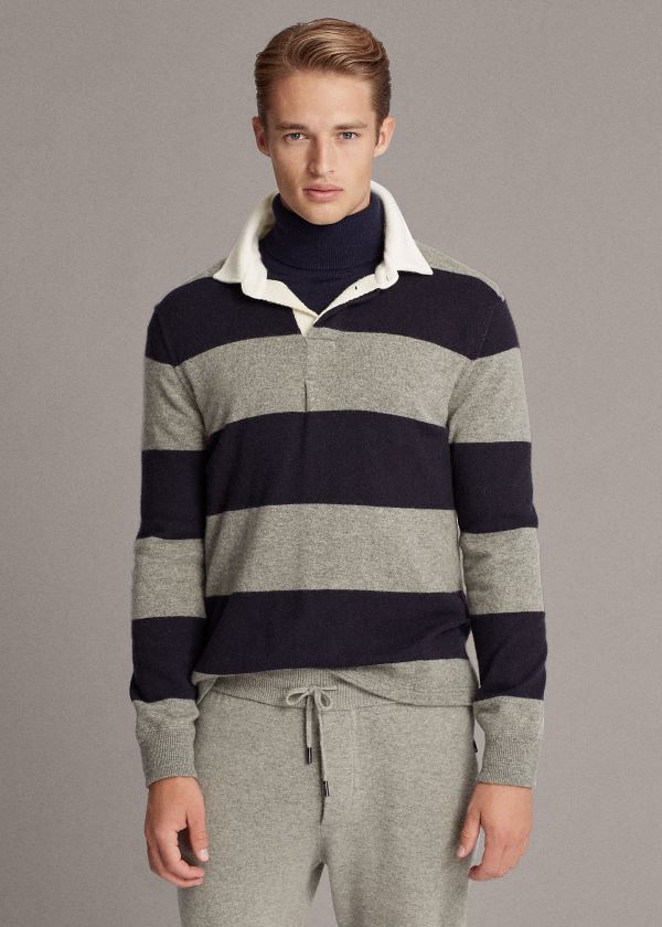 Ralph Lauren Striped Cashmere Rugby Svetrové Šedé Tmavě Blankyt | Ci4SI3GB