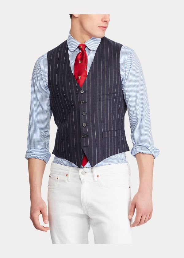 Ralph Lauren Striped Linen-Wool Vest Tmavě Blankyt Krém | BJuDcs7e