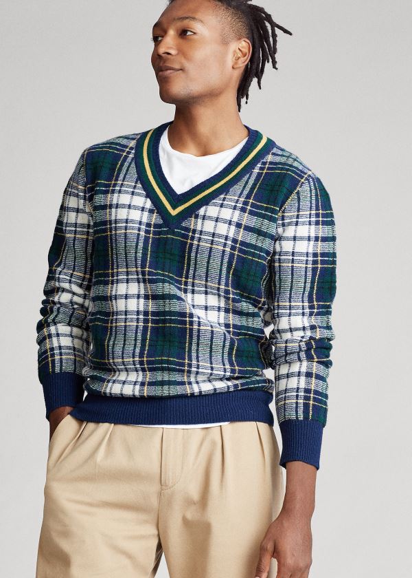 Ralph Lauren Tartan Wool Cricket Svetrové Světle Tmavě Blankyt Krém Viacfarebný | KizpqnVk