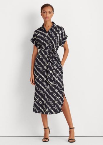 Ralph Lauren Anchor-Print Crepe Shirtdress Tmavě Blankyt Krém | TpzlF4gc