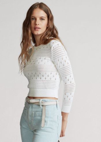 Ralph Lauren Cropped Pointelle Knit Top Bílé | JH6Wms4A