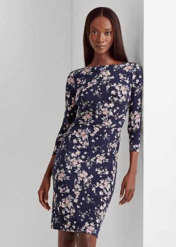 Ralph Lauren Floral Ruched Jersey Šaty Tmavě Blankyt Viacfarebný | O3TJ1N6Y