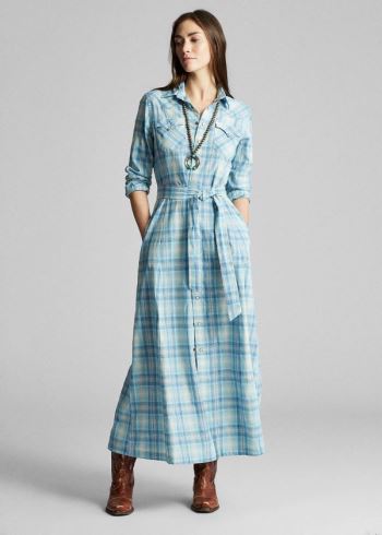 Ralph Lauren Plaid Bavlněné Shirtdress Světle Blankyt | reTQbL8f