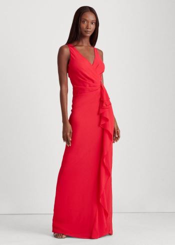 Ralph Lauren Ruffle-Trim Georgette Gown Červené | rinAtq31