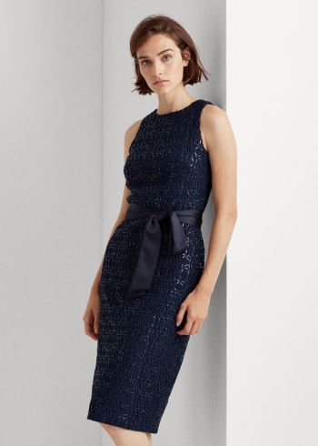 Ralph Lauren Sequined-Krajkové Cocktail Šaty Tmavě Blankyt | mVYme0Jg