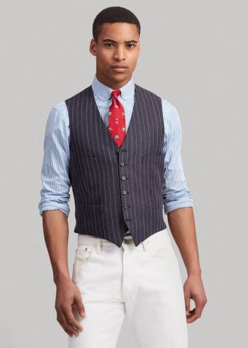 Ralph Lauren Striped Linen-Wool Vest Tmavě Blankyt Krém | BJuDcs7e